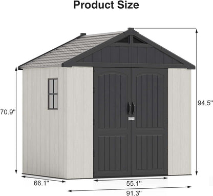 8' X 6' Resin Outdoor Storage Shed with Floor, Plastic Shed with Window and Lockable Door, Ideal for Garden, Backyard, and Tool Storage. Easy Installation in Gray and White