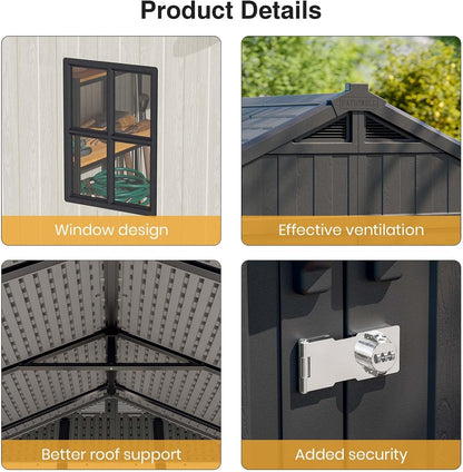 8' X 6' Resin Outdoor Storage Shed with Floor, Plastic Shed with Window and Lockable Door, Ideal for Garden, Backyard, and Tool Storage. Easy Installation in Gray and White