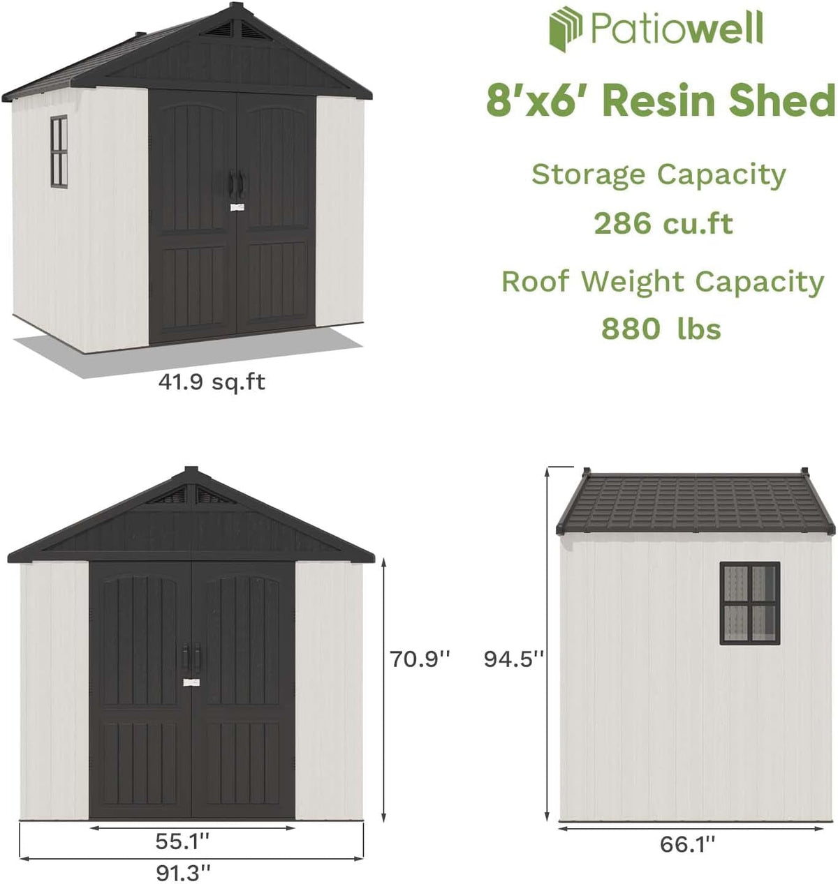 8' X 6' Plastic Outdoor Storage Shed with Floor, Resin Shed with Window and Lockable Door for Garden, Backyard, Tool Storage Use, Easy to Install in Gray and White (Kick-It Shed)