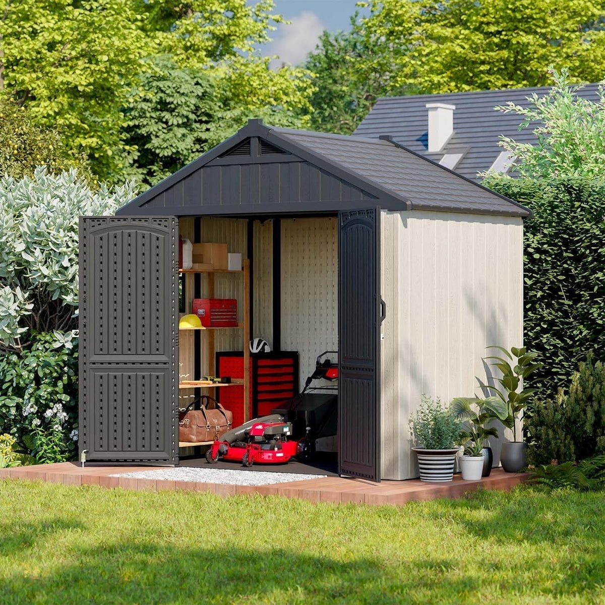 8' X 6' Resin Outdoor Storage Shed with Floor, Plastic Shed with Window and Lockable Door, Ideal for Garden, Backyard, and Tool Storage. Easy Installation in Gray and White