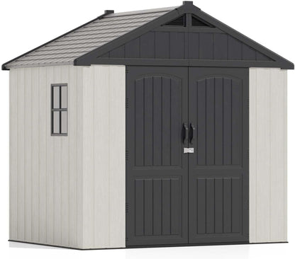 8' X 6' Resin Outdoor Storage Shed with Floor, Plastic Shed with Window and Lockable Door, Ideal for Garden, Backyard, and Tool Storage. Easy Installation in Gray and White