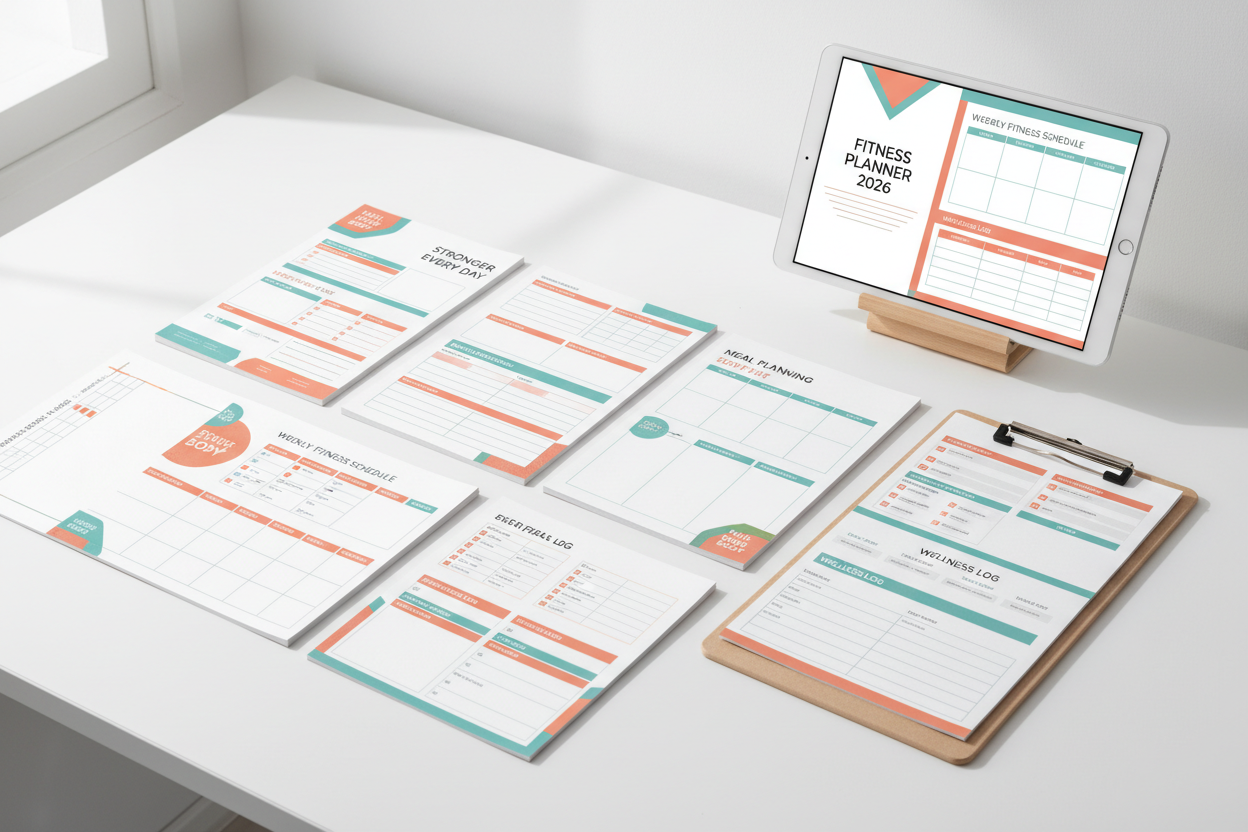 Fitness Planer 2026 Printable, Workout Journal, Wellness PDF Bundle (digitaler Download)